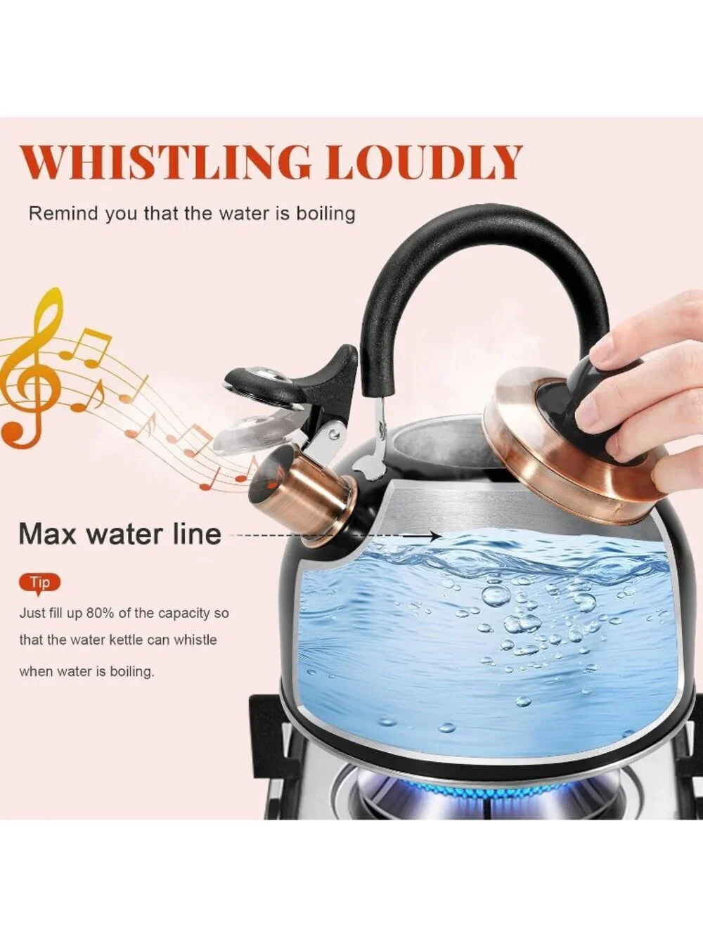 GGC Black Stainless Steel Kettles 2.6QT Whistling Stove Top Folding Wood Handle